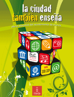 Portada de "La ciudad también enseña.  Oferta Educativa 2008/2009 del Ayuntamiento de Murcia". Diseño: Joaquín Pajarón